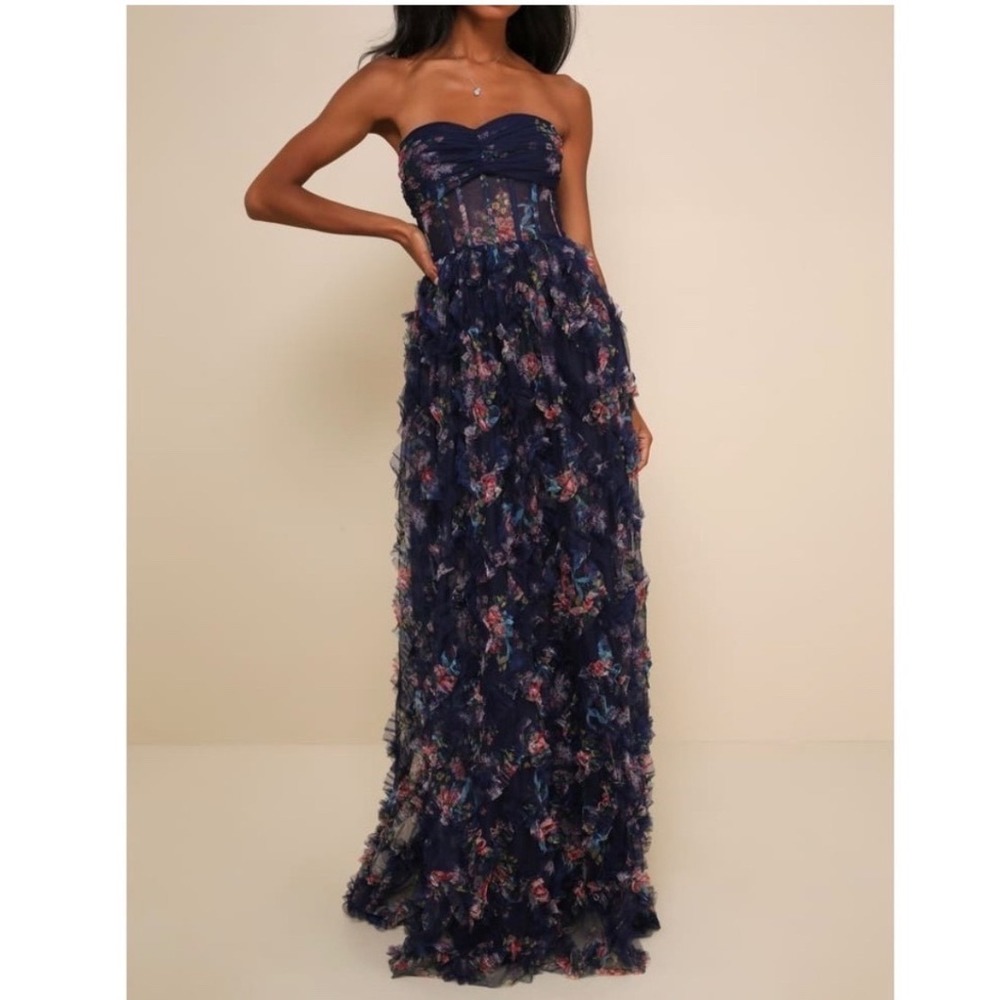 NWT Lulus Stunning Element Navy Floral Mesh Ruffled Strapless Maxi Dress Small